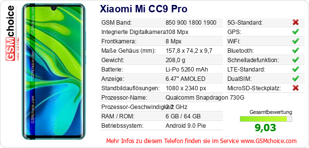 Xiaomi Mi CC9 Pro technische Daten Xiaomi Mi CC9 Pro technische Daten