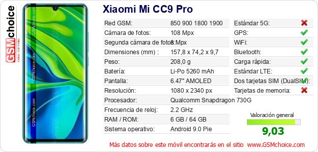 Xiaomi Mi CC9 Pro Datos técnicos del móvil Xiaomi Mi CC9 Pro Datos técnicos del móvil