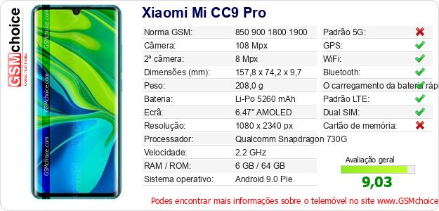 Xiaomi Mi CC9 Pro Especificações técnicas do telemóvel Xiaomi Mi CC9 Pro Especificações técnicas do telemóvel