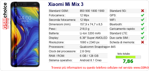 Xiaomi Mi Mix 3 Dati tecnici di telefono cellulare 
