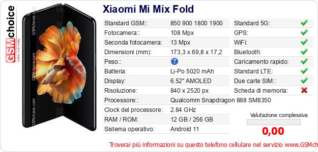 Xiaomi Mi Mix Fold Dati tecnici di telefono cellulare Xiaomi Mi Mix Fold Dati tecnici di telefono cellulare