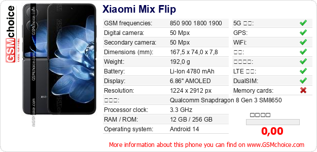 Xiaomi Mix Flip 手机技术数据