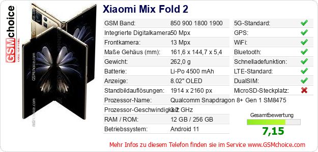 Xiaomi Mix Fold 2 technische Daten Xiaomi Mix Fold 2 technische Daten
