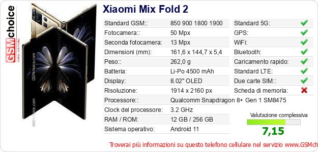 Xiaomi Mix Fold 2 Dati tecnici di telefono cellulare Xiaomi Mix Fold 2 Dati tecnici di telefono cellulare