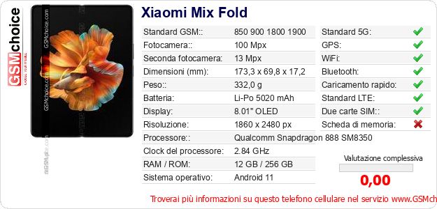 Xiaomi Mix Fold Dati tecnici di telefono cellulare Xiaomi Mix Fold Dati tecnici di telefono cellulare