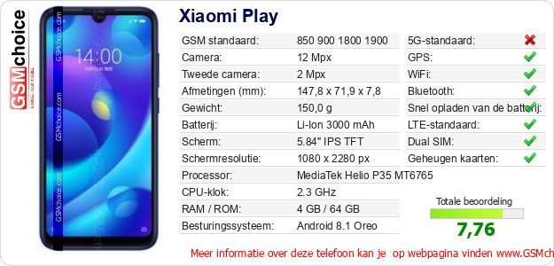 Xiaomi Play Technische gegevens Xiaomi Play Technische gegevens
