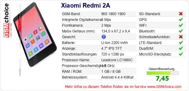 Xiaomi Redmi 2A technische Daten Xiaomi Redmi 2A technische Daten