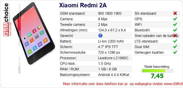 Xiaomi Redmi 2A Technische gegevens Xiaomi Redmi 2A Technische gegevens