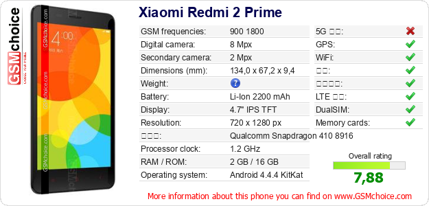 Xiaomi Redmi 2 Prime 手机技术数据