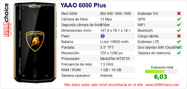 YAAO 6000 Plus Datos técnicos del móvil YAAO 6000 Plus Datos técnicos del móvil