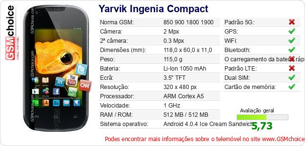 Yarvik Ingenia Compact Especificações técnicas do telemóvel Yarvik Ingenia Compact Especificações técnicas do telemóvel
