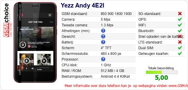 Yezz Andy 4E2I Technische gegevens 