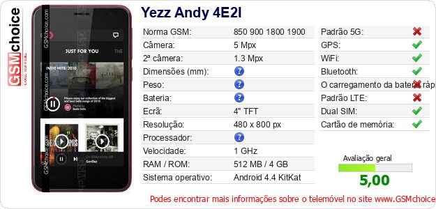 Yezz Andy 4E2I Especificações técnicas do telemóvel 