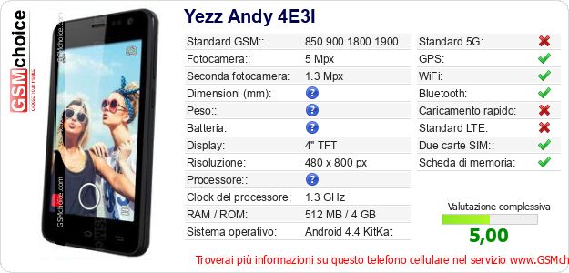 Yezz Andy 4E3I Dati tecnici di telefono cellulare Yezz Andy 4E3I Dati tecnici di telefono cellulare