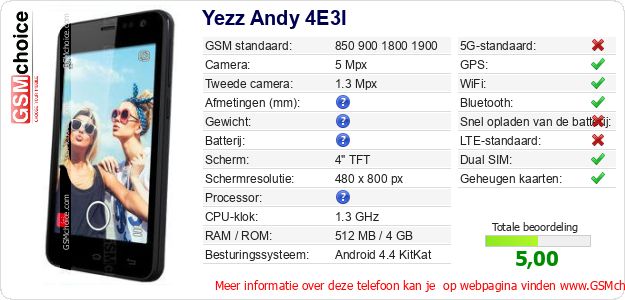 Yezz Andy 4E3I Technische gegevens Yezz Andy 4E3I Technische gegevens