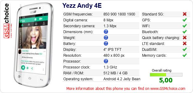 Yezz Andy 4E technical specifications Yezz Andy 4E technical specifications
