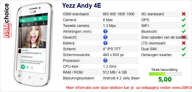 Yezz Andy 4E Technische gegevens 