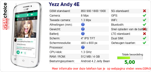 Yezz Andy 4E Technische gegevens Yezz Andy 4E Technische gegevens