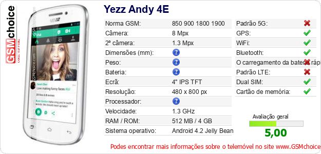 Yezz Andy 4E Especificações técnicas do telemóvel 