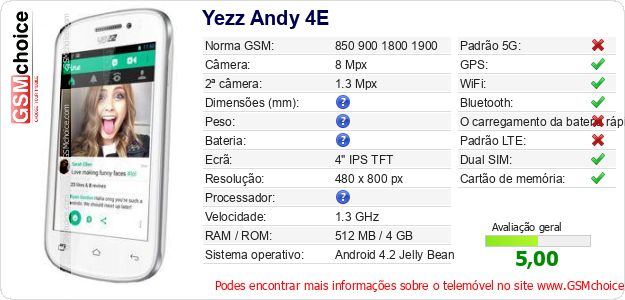 Yezz Andy 4E Especificações técnicas do telemóvel Yezz Andy 4E Especificações técnicas do telemóvel