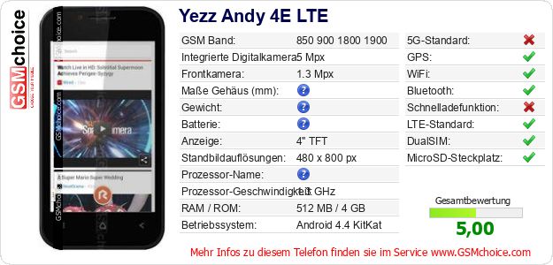 Yezz Andy 4E LTE technische Daten Yezz Andy 4E LTE technische Daten