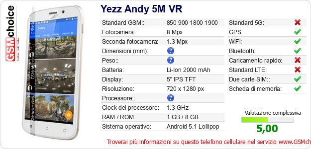 Yezz Andy 5M VR Dati tecnici di telefono cellulare Yezz Andy 5M VR Dati tecnici di telefono cellulare