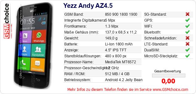 Yezz Andy AZ4.5 technische Daten Yezz Andy AZ4.5 technische Daten