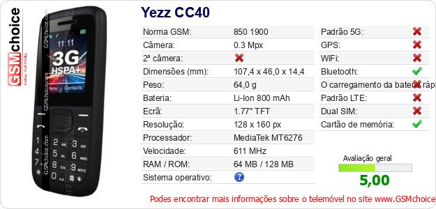 Yezz CC40 Especificações técnicas do telemóvel Yezz CC40 Especificações técnicas do telemóvel