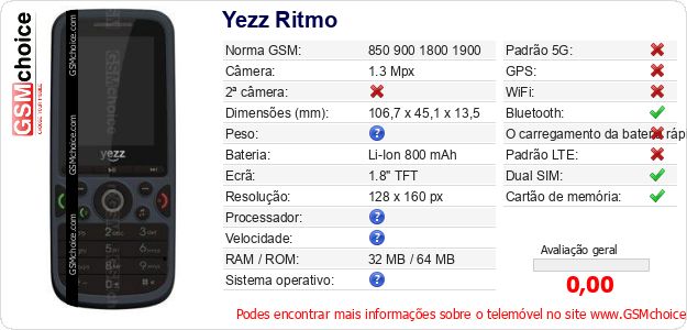 Yezz Ritmo Especificações técnicas do telemóvel Yezz Ritmo Especificações técnicas do telemóvel