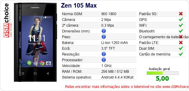 Zen 105 Max Especificações técnicas do telemóvel Zen 105 Max Especificações técnicas do telemóvel