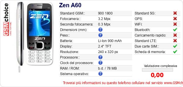 Zen A60 Dati tecnici di telefono cellulare Zen A60 Dati tecnici di telefono cellulare