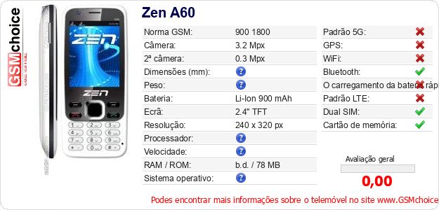 Zen A60 Especificações técnicas do telemóvel Zen A60 Especificações técnicas do telemóvel