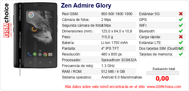Zen Admire Glory Datos técnicos del móvil Zen Admire Glory Datos técnicos del móvil