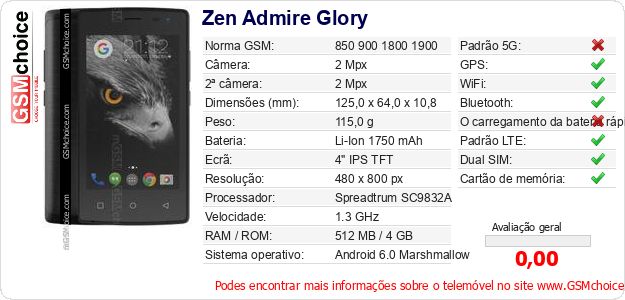 Zen Admire Glory Especificações técnicas do telemóvel 
