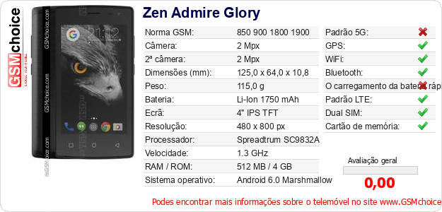 Zen Admire Glory Especificações técnicas do telemóvel Zen Admire Glory Especificações técnicas do telemóvel