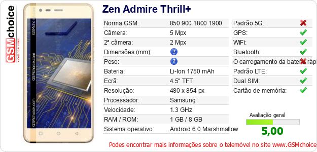 Zen Admire Thrill+ Especificações técnicas do telemóvel Zen Admire Thrill+ Especificações técnicas do telemóvel