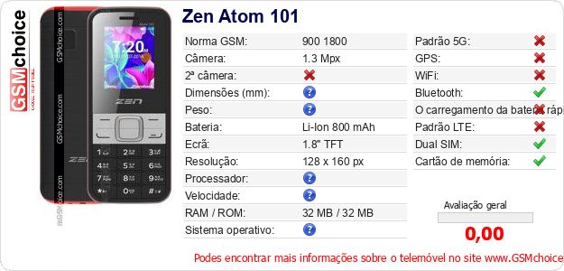 Zen Atom 101 Especificações técnicas do telemóvel Zen Atom 101 Especificações técnicas do telemóvel