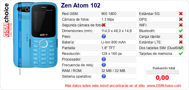 Zen Atom 102 Datos técnicos del móvil Zen Atom 102 Datos técnicos del móvil