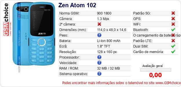 Zen Atom 102 Especificações técnicas do telemóvel Zen Atom 102 Especificações técnicas do telemóvel