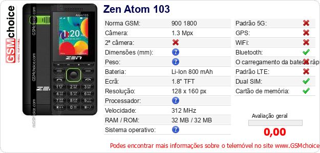 Zen Atom 103 Especificações técnicas do telemóvel Zen Atom 103 Especificações técnicas do telemóvel