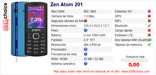 Zen Atom 201 Datos técnicos del móvil 
