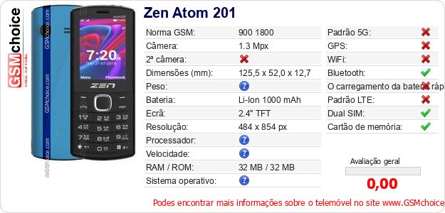 Zen Atom 201 Especificações técnicas do telemóvel 