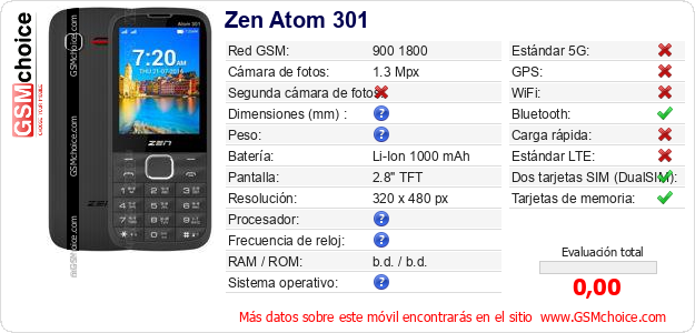 Zen Atom 301 Datos técnicos del móvil 