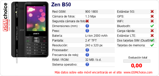 Zen B50 Datos técnicos del móvil Zen B50 Datos técnicos del móvil