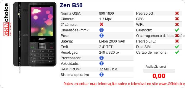 Zen B50 Especificações técnicas do telemóvel 