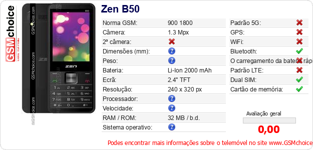 Zen B50 Especificações técnicas do telemóvel 