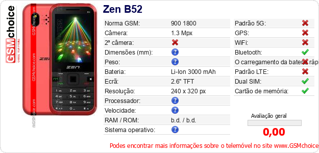 Zen B52 Especificações técnicas do telemóvel Zen B52 Especificações técnicas do telemóvel