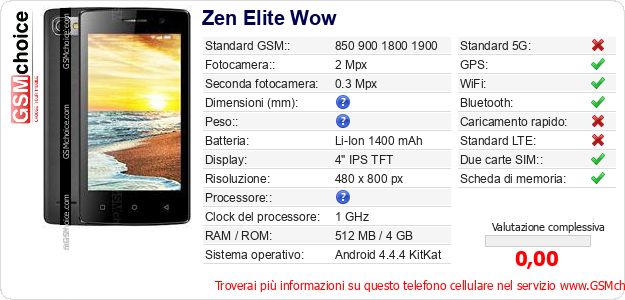 Zen Elite Wow Dati tecnici di telefono cellulare 