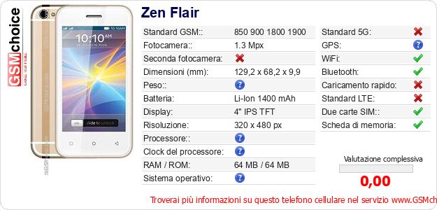 Zen Flair Dati tecnici di telefono cellulare Zen Flair Dati tecnici di telefono cellulare