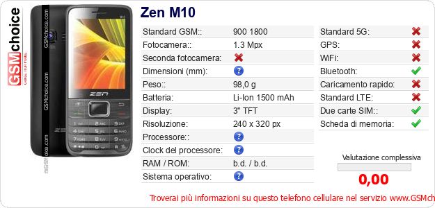 Zen M10 Dati tecnici di telefono cellulare Zen M10 Dati tecnici di telefono cellulare